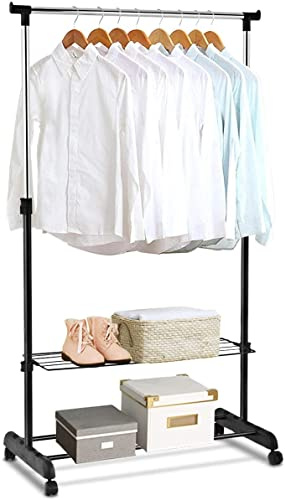 RELAX4LIFE Portant à Vêtements Télescopique en Acier à 4 Roulettes | Porte-manteau Mobile avec 2 Étagères pour Chaussures et Boîtes, 84x42x168CM