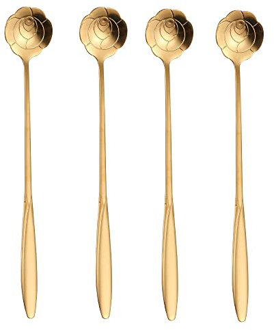 SZLFSX Lot de 16 cuillères à café en acier inoxydable doré en forme de rose de 17,8 cm
