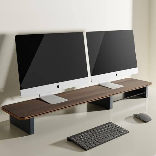 deskka Walnut Dual Monitor Shelf in Architectural Grade Aluminium Trim - Premium Wood Monitor Shelf suitable as an iMac PC stand or Monitor Stand for 2 monitors. (Walnut with Grey Trim)