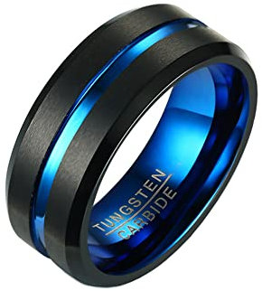 PAURO Herren Wolfram 8mm Ring blau gerillt Mitte poliert Comfort Fit schwarz Größe 68