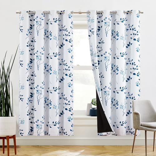 Beauoop Navy Blue Floral Blackout Curtains for Bedroom Living Room 72 Inch Drop Leaf Print Eyelet Curtain Botanical Thermal Insulated Noise Reducing Drapes Window Treatment Sets 2 Panels