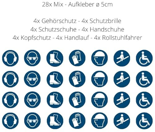28 Aufkleber Mix - ø 5cm - Gehörschutz Schutzbrille Fußschutz Handschutz Kopfschutz Handlauf Rollstuhlfahrer je 4 Stück - UV- und witterungsbeständig - ISO 7010 - Gebotszeichen Schild (5 cm, Mix)