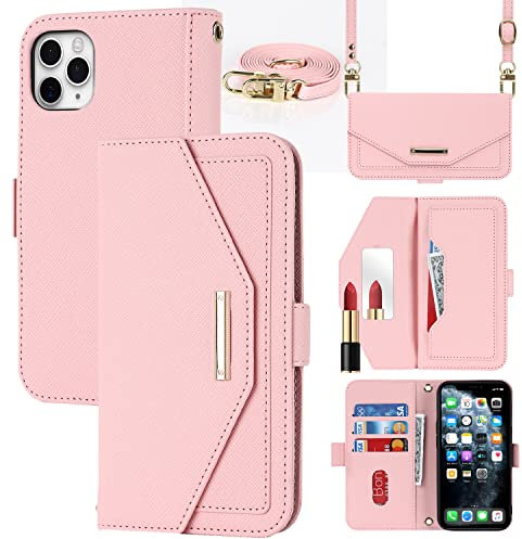 Cavor Case compatible with iPhone 11 Pro Max Phone Case With Strap,Crossbody Flip Leather Wallet Case,[5 Card Holder][Mirror][Magnetic],Lanyard Case Cover for women - Pink