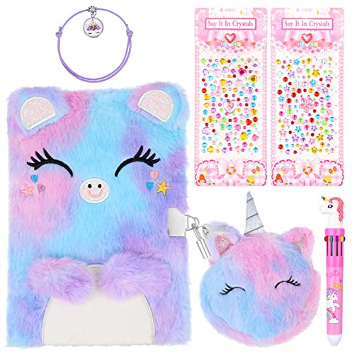 Bestomrogh Secret Diary with Lock for Girls, Plush Cat Journal Notebook Set Cat Lockable Diary,Unicorn Bracelets Rhinestone Stickers Unicorn Multicolored Pen Unicorn Coin Purse for Girls and Boys