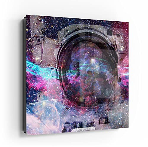 DEQORI Schlüsselkasten schwarz | 30x30 cm | Motiv NASA Astronaut in Nebula | Glas & Metall Schlüssel-Box | Schlüsselschrank mit 50 Haken + 2 Magnete | Moderne Box magnetisch & beschreibbar