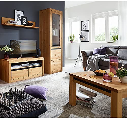 Wohnzimmer Set Massivholz TV Wand Mediawand Wohnwand Lowboard Wandboard Vitrine Couchtisch rechteckig 110 x70 cm Kiefer massiv eichefarbig