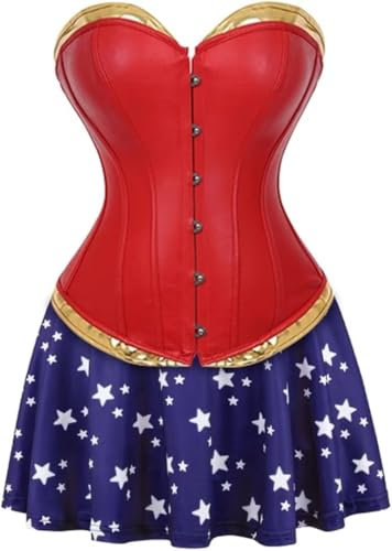 Jutrisujo Leder Korsett Damen Kleid Set Bustier Kunstleder Corsage Top Nähen Gothic Steampunk Korsagenkleid Corsagenkleid Burlesque Kostüm Große Größen Rot 3XL