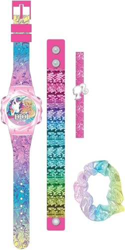 Accutime Armbanduhr Set Barbie mit Accessoires, Kinder LCD-Uhr mit digitaler Anzeige, blinkende LEDs, Paillettenarmband, Glitzerarmband und Scrunchie Haargummi, Pink