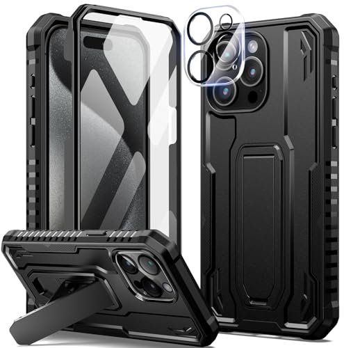 seacosmo for iPhone 15 Pro Max Case with Kickstand, Shockproof Military Grade Protective Phone Cover [Built-in Tempered Glass Screen Protector + Camera Lens Protector] Dual Layer Full Protection