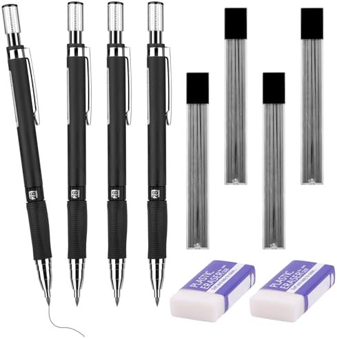 Tikplus 4 Druckbleistift 2.0 mm, 4 Tuben (32Stück) Bleistiftmine HB Mienenbleistift und 2 Stück Radiergummi, Mechanical Pencil für Skizzieren Zeichnen Schreiben