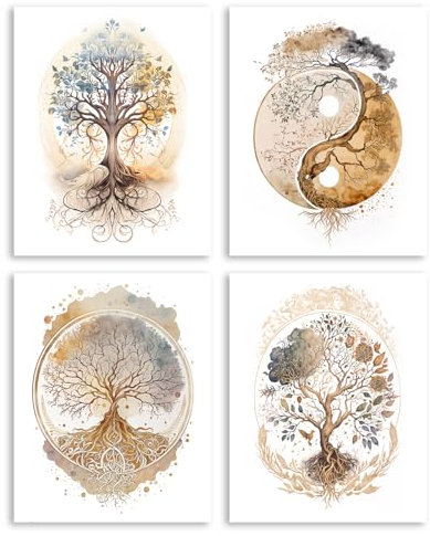 JIQIOKJ Lot de 4 impressions d'art mural arbre de vie, affiches d'art spirituel bohème, décoration murale pour chambre à coucher, décoration murale d'intérieur (20,3 x 25,4 cm, sans cadre)