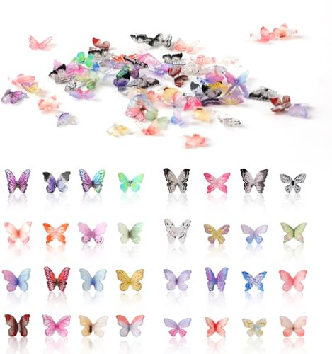 60 Stück Mikro Schmetterling Resin, Bunte Kleine Schmetterlinge Deko Mini Miniaturen Puppenhaus Zubehör 3D Schmetterling Nagel Charms Landschaftsdekorationen zum Basteln Terrarium-Dekor