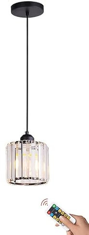 ANUOMY 1 Pack Battery Operated Pendant Light with Remote,No Wiring Rechargeable Ceiling Hanging Lamp,Modern Crystal Glass Wireless Pendant Lighting Fixture Black for Dining Room Kitchen Island