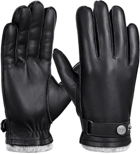 GSG SINCE 1998 Herren Lederhandschuhe Winter – Thermo-Handschuhe mit Touchscreen aus weichem Lammleder, warm gefüttert mit Wolle, Fahrhandschuhe Schwarz L