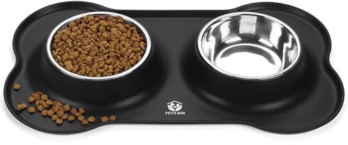PET'S HUB Pet Feeding Bowl Set, Double Bowls with Silicone Mat Tray for Cats, Puppies, and Small Dogs. (Black, Small)