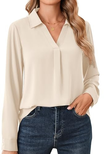 Beluring Shirt Damen Elegant Langarm Tunika Blusen V-Ausschnitt Plissee Hemdbluse Creme L