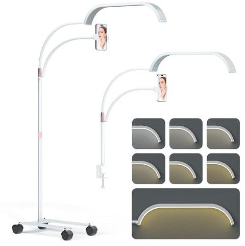 Lmaqfum Kosmetiklampe für Wimpern, 2-in-1Halbmond Lampe mit Telefonhalterung und 50-cm-Schwenkarm, 7 Farben und stufenloses Dimmen, Kosmetikerlicht mit Radständer für Wimpernverlängerung, Tattoo, Weiß