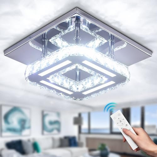 CXGLEAMING Kristall-Kronleuchter Kristall LED-Deckenleuchte 20 cm Quadrat Flush Mount Moderne Kronleuchter Deckenleuchten für Schlafzimmer Esszimmer Flur Dimmbar durch Fernbedienung