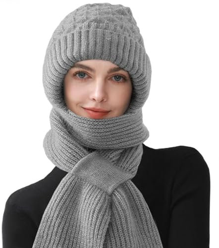 CheChury Bonnet Tricoté Écharpe et Bonnet Coupe-Vent avec Protection Auditive Intégrée Chapeaux Echarpe Chaud Capuche 2 en 1 Femmes Bonnet avec Cache-Cou Épais Bonnets Écharpe Femme Hiver Accessoires