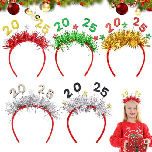 XLZJYIJ 5 stück 2025 Neujahrs Stirnbänder, 2025 Silvester Stirnband, 2025 Haarband Neujahrs, Neujahrs-Kopfschmuck, Glitzer-Lametta-Stirnbänder für Kinder Erwachsene Silvesterparty Neujahr Deko