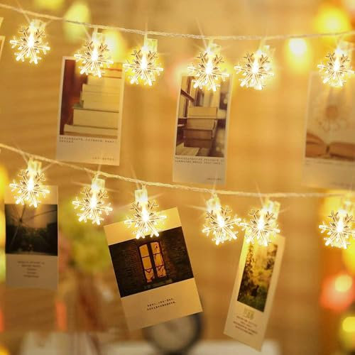 Weihnachtsdeko Innen Schneeflocke Lichterkette Weihnachten mit Fotoclips, 6M 40LED Weihnachten Deko Fotoclips Batteriebetriebene, Lichterketten für Geburtstag Weihnachten Party. (Warmweiß)