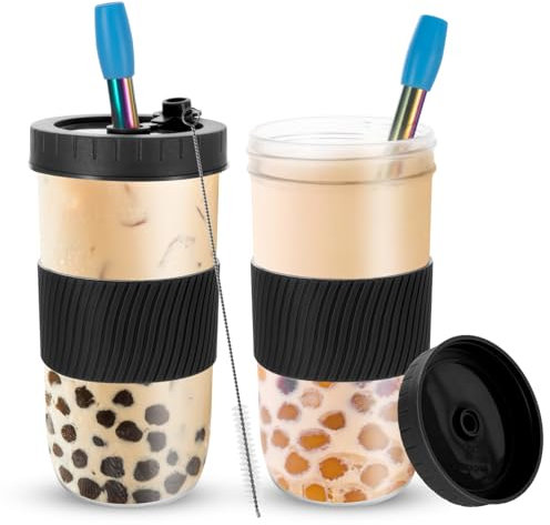 Esilihom 2 Pack Reusable Bubble Tea Cup, 730ml/24oz Bubble Tea Cup with Straw and Lids, Wide Mouth Leakproof for Smoothie Boba Ice Coffee Drinks(Black)