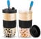 Esilihom 2 Pack Reusable Bubble Tea Cup, 730ml/24oz Bubble Tea Cup with Straw and Lids, Wide Mouth Leakproof for Smoothie Boba Ice Coffee Drinks（Black）