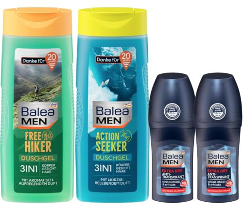 Balea MEN 4er-Set Hautpflege: Duschgel 3in1 ACTION SEEKER, 300 ml + Duschgel 3in1 FREE HIKER, 300 ml + Antitranspirant Deo Roll-on EXTRA DRY erfrischt ohne Alkohol (ohne Ethanol), (2 x 50 ml), 700 ml