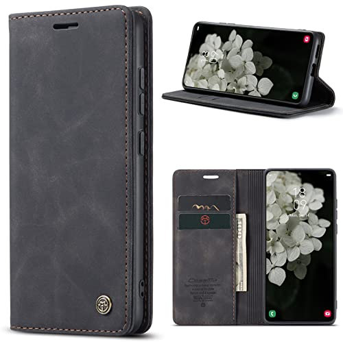 owlhold Hülle Samsung Galaxy S22 Plus klapphülle Premium Lederhülle Weiches Vintage-Nubukleder Faltbare Ständer Schutzhülle Kartenfach Standfunktion klapphülle Samsung Galaxy S22 Plus 5G -Schwarz