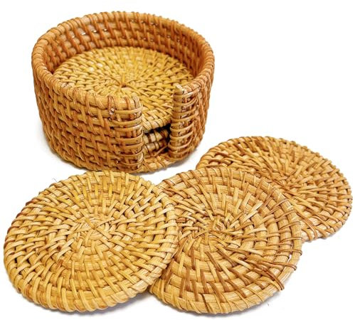 Peachome Lot de 6 dessous de verre ronds tissés à la main en rotin naturel avec support, résistants à la chaleur, 8 cm