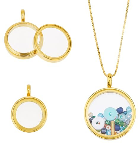 DICOSMETIC 3 Stück 3 Größen Rund Medaillon Anhänger Edelstahl Erinnerungsmedaillon Anhänger Klarer Bilderrahmen Charme 18K Vergoldete Schwimmender Charme Glas Blumenstrauß Charms