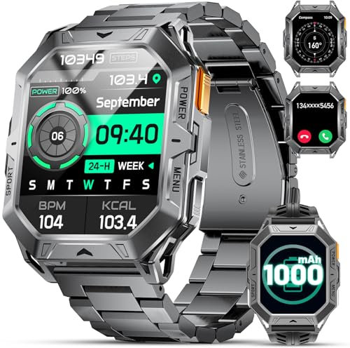 Montre Connectée Homme avec 1000 mAh Longue Durée Batterie 2.13'' AMOLED Grand Écran 10ATM Imperméable Bluetooth Appel 100+ Modes Sportifs Podómetro/Fréquence Cardiaque Android iOS Smartwatch Homme