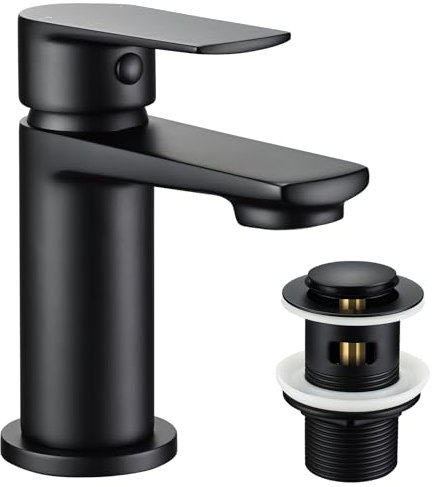 Black Bathroom Sink Taps Basin Mixer Tap with Pop Up Sink Plug, Modern Basin Taps Mono Single Lever Matte Black Bathroom Tap with Waste Drain