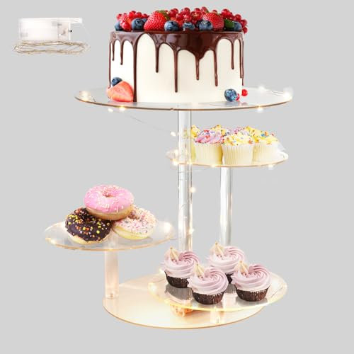 CRITIVE-S 4 Tier Acrylic Cake Stand, Large Cupcake Stand with Led String Lights, Cake Display Stands Round Dessert Tree Tower, Transparent Pastry Tray Holder for Wedding Birthday Tea Graduation Party