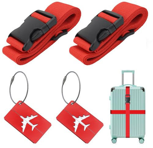 Koffergurt (2 Stück), inkl 2 Namensschildern, rutschfest Einstellbare Kofferbänder mit, Für Schnell erkennen Gepäck Reisetasche Koffer, 5 x 200cm, Rot