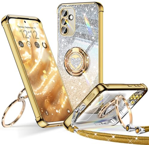 XYZ für Samsung Galaxy A54 5G Hülle mit Band, Herzen Doppelring Ständer | Luxus Glitzer HandyHülle Kameraschutz, Frauen Stoßfest Elektroplattiert Case Soft TPU SchutzHülle Clear, Gold