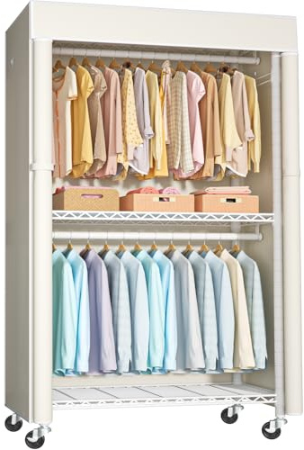 FUTASSI Weißer Kleiderständer mit beigefarbener Abdeckung, P1C Rollschränke mit Rollen, Metall-Kleiderständer zum Aufhängen von Kleidung, Kleideraufbewahrung, Kleiderschrank, 91,9 cm B x 41,9 cm T x