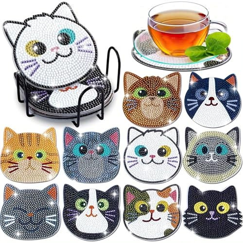 CAYUDEN DIY Diamond Painting Untersetzer Mit Halter, 10 Stück Kat 5D Diamond-Painting Tassenuntersetzer Set mit Werkzeugen, Diamant Tassenuntersetzer,Bastelset Mädchen für Anfänger, Erwachsene