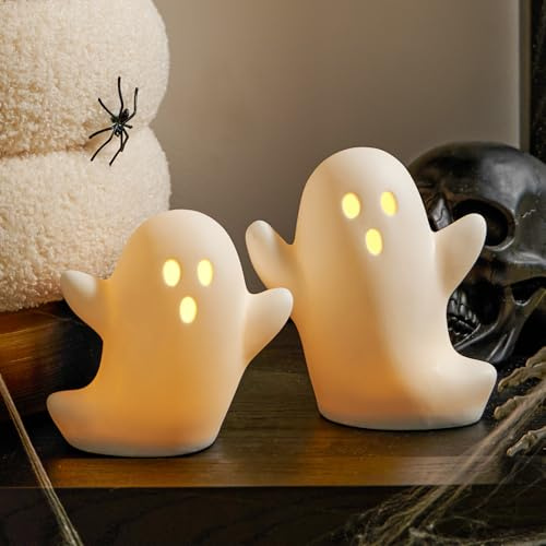 DN DECONATION Halloween Deko Geister Figuren 2 Set, Keramik Geist mit LED | mit LED Licht Dekoration Weiß, Süß Geist Figur Schwimmend Gespenster Tischdeko Partydeko
