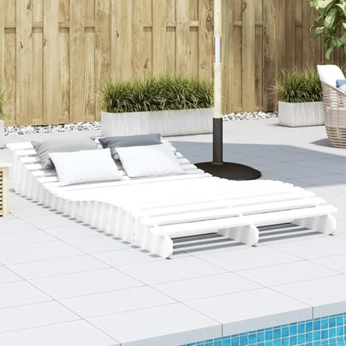 IKAYAA Doppelliege Outdoor 2 Personen Sonnenliege Holz Outdoor wetterfest Gartenliege Liegestuhl Strandliege Massivholz -Weiß-205 x 110 x 31.5 cm