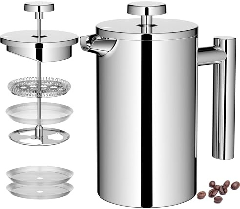 Miuly 21OZ French Press Coffee Maker 600ML Stainless Steel Coffee Press with 3 Level Filtration System, Double Wall Insulated French Press with 2 Filters