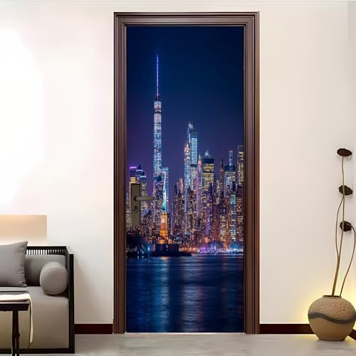 Türtapete selbstklebend Innenbereich TürPoster Landschaft New York City Nachtansicht Fototapete Türfolie Poster Tapete Blau Abnehmbar Wandtapete für Wohnzimmer Schlafzimmer 85x205 cm