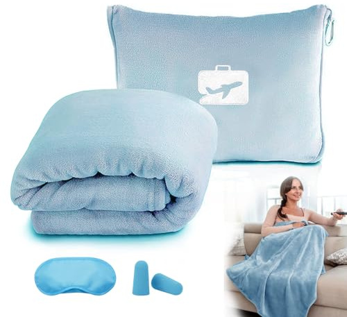 Megcdtr Travel Blanket and Pillow with Eye Mask and Ear Plugs(Blue) | Ultra Soft 2 in 1 Airplane Blanket, Portable Travel Blanket with Pillowcase, Ideal for Long Flights Office and Trains