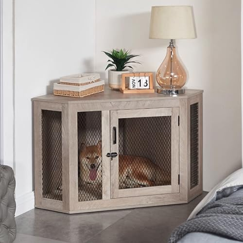 Wooden Dog Crate Furniture End Table for Small Medium Large Dogs with Mesh - Versatile Dog Kennel and TV Stand