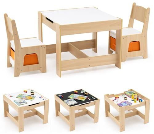 COSTWAY Kinder Tisch Stuhl Set, 3 TLG. Kindersitzgruppe mit doppelseitiger Tischplatte & 2 Stoffschubladen, Aktivitätstisch aus Holz zum Zeichnen, Lesen, Basteln, Maltisch für Kinder ab 3 Jahren
