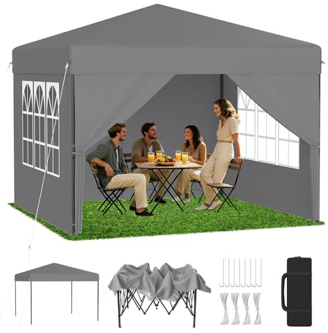 LZQ Premium Pop-Up Pavillon 2,5×2,5 m mit One-Touch Lift, Faltpavillon Gartenpavillon Partyzelt Faltbar mit 3-Fach Höhenverstellung 240-260cm, Klappzelt mit Seitenwände & Tragetasche, Silbergrau
