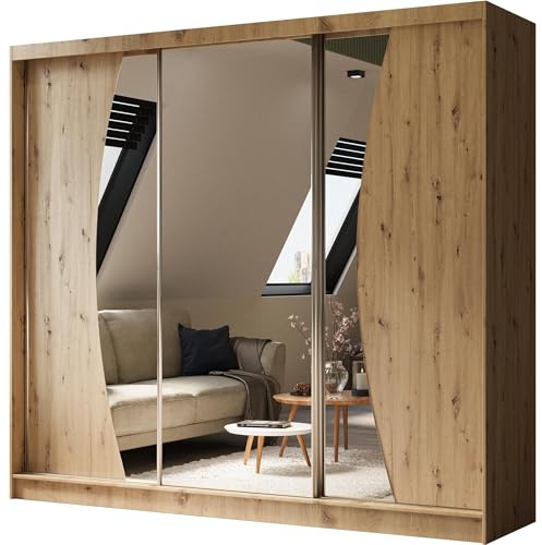 BEAUTY SOFA Vox - Schrank mit Spiegel - Kleiderschrank mit Schiebetüren - Garderobenschrank, Mehrzweckschrank, Flurschrank - 240cm breit - Artisan Eiche