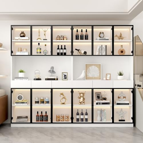 EURHCIO Vitrine Verre 240x36x200cm,Bibliothèque,Meuble de Rangement,Buffet Salon avec éclairage LED Réglables,6 Tiroir,12 Portes Vitrées,pour Bureau,Salon(2, C-Blanc)