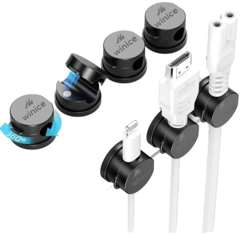 Rotatable Cable Clips 6 Pack – 360° Adjustable Cord Holder with Spring Grip, Strong N52 Magnets, Strong Adhesive Wire Organiser for Desk, Bedside, Car & Office – Tangle-Free Cable Management (Black)