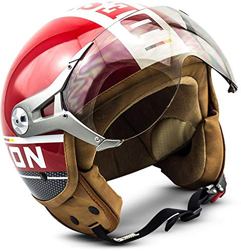 Soxon® SP-325 Plus „Red“ · Jet-Helm · Motorrad-Helm Roller-Helm Scooter-Helm Moped Mofa-Helm Chopper Retro Vespa Vintage Pilot Biker Helmet · ECE 22.05 Visier Schnellverschluss Tasche S (55-56cm)